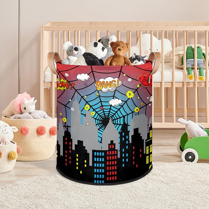 Dirty Clothes Hamper for Boys Laundry Basket City Skyline Spider Web Collapsible Large Round Storage Bin Organizer for Living Room Bedroom Playroom
