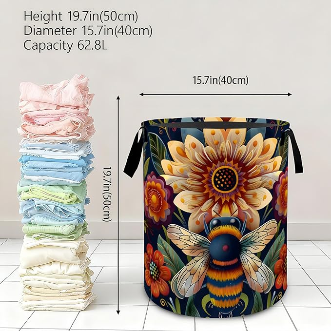 Cute Bee Floral Laundry Basket,Dirty Clothes Hamper,Insect and Colorful Flower Storage Bin,Nature Lovers Gifts,Waterproof Oxford Cloth Baskets for Bathroom,Bedroom Decoration(19.7" x 15.8")