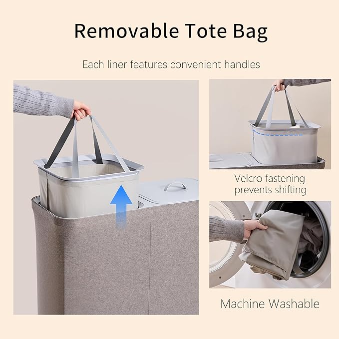 2 Dividers Dirty Clothes Basket, Double Laundry Hamper with Lid and Removable Laundry Bagsfor Laundry Room/Bedroom/Bathroom/College, 150L Large Collapsible