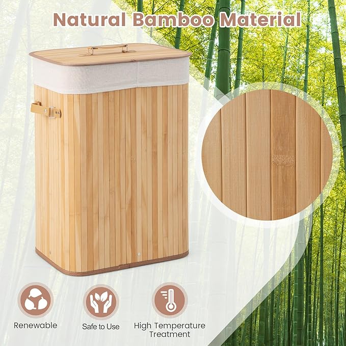 Giantex Bamboo Laundry Hamper with Lid, 72L Large & Tall Clothes Hamper with Removable Liner & Handles, Rectangular Laundry Basket for Small Spaces, Laundry Room, Bedroom (Natural)