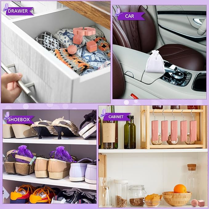 Demissle 120 Pieces Cedar Blocks for Clothes Storage Includes Cubes, Balls, Rings, Pendants, Pouches, Lavender Sachets for Closets and Drawers, Fresh Scented Sachets