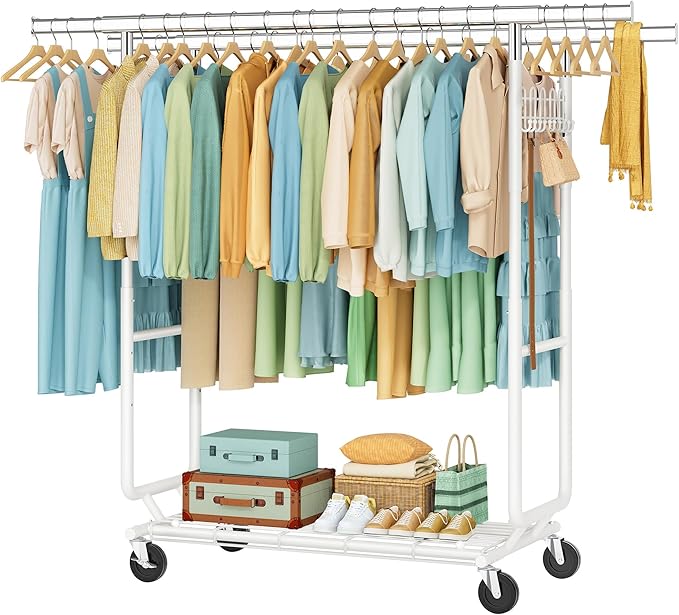 Hoctieon 2-Minute Assembly Double Rod Clothes Rack, Heavy Duty Rolling Clothing Racks with Wheels, Foldable Commercial Garment Rack, Extendable Hanging Bar, Adjustable Metal Pole with Hooks, White
