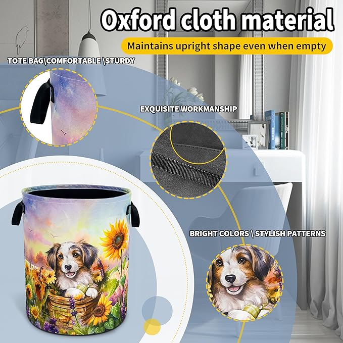 Cute Dog Laundry Basket Sunflower Flowers Foldable Waterproof Oxford Cloth Funny Tote Bag Laundry Hamper Clothes Storage Bucket Toy Organizer For Bathroom/Laundry Storage/Bedroom 18.9x16.5 Inch