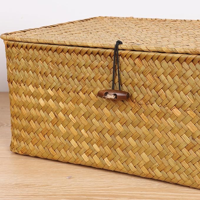 FEIALNDUO Wicker Shelf Baskets with Lid,Seagrass Storage Basket Bins Rectangular Handwoven Basket Boxes for Shelves Desktop Home Organizer (Natural, X-Small)