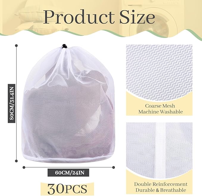 12 Pcs 24 * 32 Inches Fine Mesh Laundry Bag with Drawstring Large Heavy Duty Mesh Bag Machine Washable Sheet Drawstring Net for Delicates College Dorm