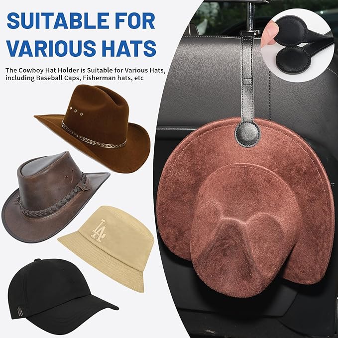 Magnetic Cowboy Hat Holder for Truck & Car – Leather Headrest Hanger Rack, Universal Hat Mount Organizer for SUV, Jeep & Western Vehicle Accessories, Strong Magnet Hat Keeper (Black, 2 Pack)