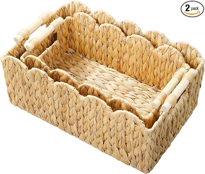 Scalloped Edge Wicker Basket,Hand-Woven Rattan Baskets with Wooden Handles,Natural Water Hyacinth Basket for Laundry,Shelves,Rectangular Set of 2