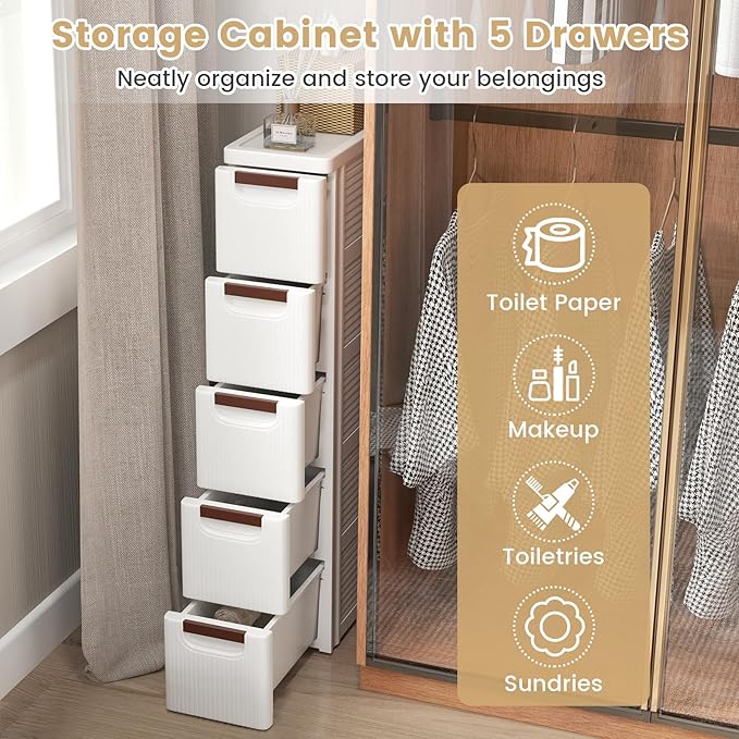 LOKO 5-Drawer Narrow Storage Cabinet, Slim Rolling Cart, Mobile Plastic Cart Container with Pull Handles, Built-in Wheels, for Living Room, Kitchen, Bathroom, Office (7.5"x16.5"x36" (5 Drawer))