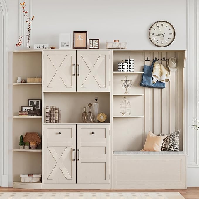 66" H Hall Tree with 4 Hooks, Open Shelving and Flip Hidden Shelf, Multifunctional Left-Right Combination Coat Rack (can be Used Separately), Entryway Bench for Living Room, Hallway (Beige/35)