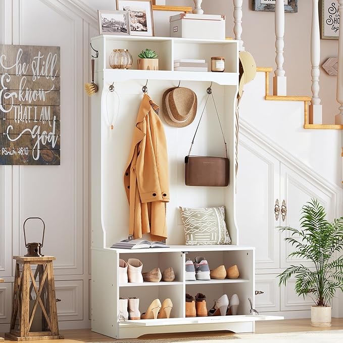 HOOBRO Hall Tree with Bench and Shoe Storage, Entryway Bench with Coat Rack and Shoe Cabinet, Flip-Down Cabinet Door, Coat Rack with Shoe Rack, for Mud Room, White WT84MT01