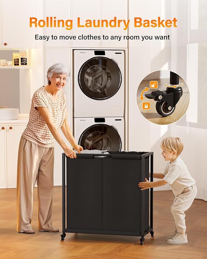 Laundry Hamper Sorter 2 Section 103L: Rolling Laundry Basket Organizer with Wheels & Shelf & Oxford Fabric Bags - Clothes Hamper with Shelf 2 Compartment for Room Organization and Storage