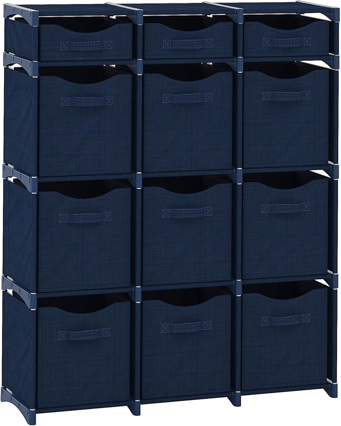 12 Cube Storage Organizer With Bins Included - Closet Storage With 12 Storage Bins - Easy To Assemble Storage Unit With Drawers - Closet Organization For Clothes, Bedroom, Nursery, & Toys (Navy)