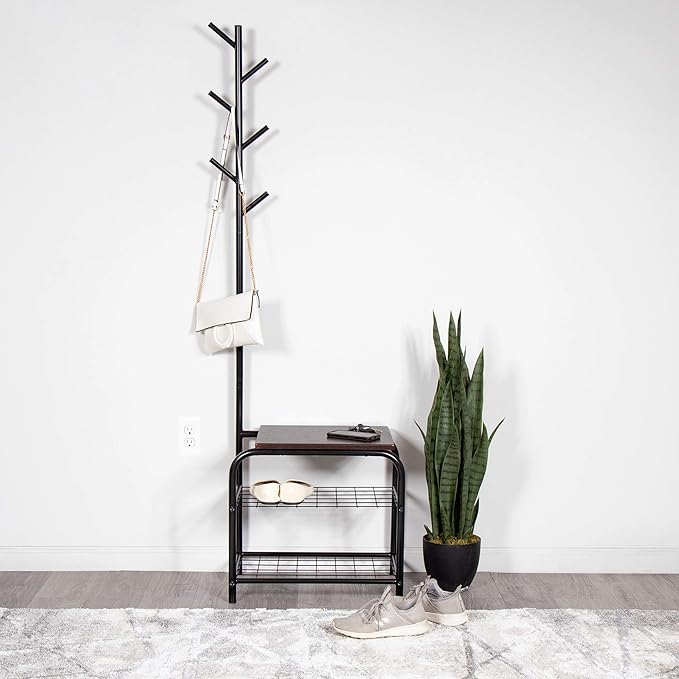 Milliard Coat Rack Hall Tree with Bench (Black)