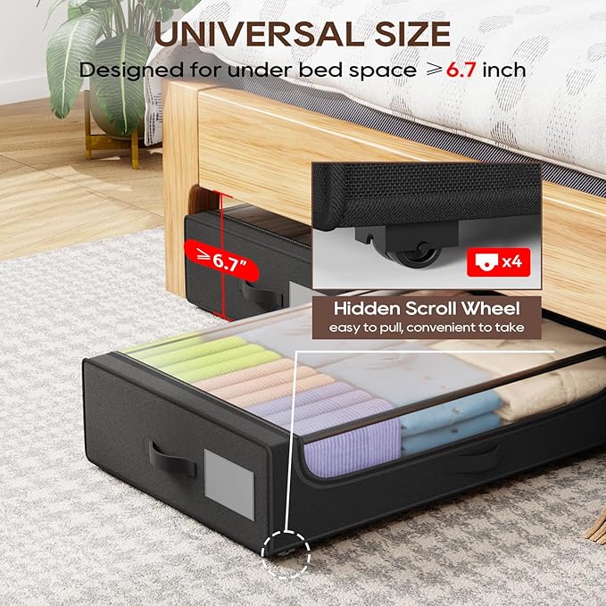 PayLessHere 2 Pack Under Bed Storage with Wheels 53L Under Bed Storage Containers with Clear Lids Clothes Organizer Underbed Rolling Underbed Storage for Clothes, Shoes, Blankets,Black