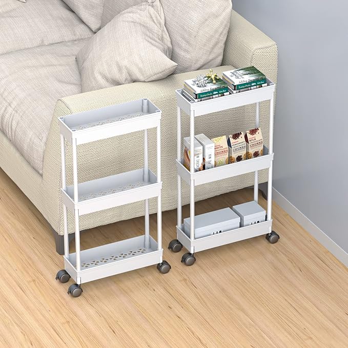 Sooyee 3 Tier Rolling Cart with Wheels,Slim Storage Cart,Under Desk Narrow Rolling Utility Cart Storage Organizer for Office Bathroom Kitchen Laundry Room Narrow Places, White