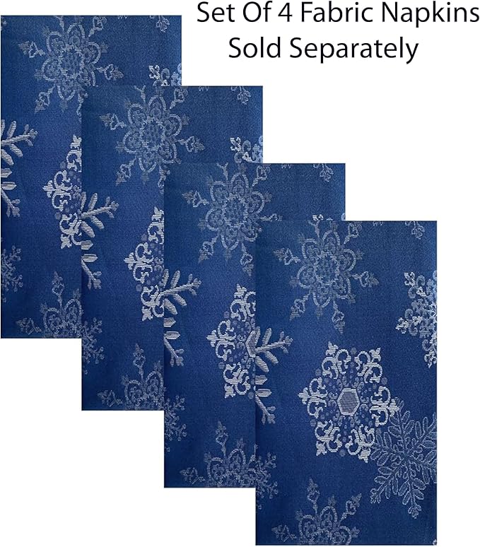 Newbridge Fancy Metallic Snowflake Christmas Fabric Tablecloth, 60 x 144 Inch Rectangle, Navy Silver, No-Iron Soil Resistant Sparkling Snowflakes Woven Holiday Table Cover