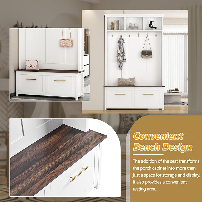 Modern Hall Tree with 6 Golden Hooks, Wood Entryway Coat Hanger with Brown Wood Grain Storage Bench and Top Open Storage Shelves, Versatile 4-in-1 Entryway Coat Rack for Entrance Hallway (White-9.8)