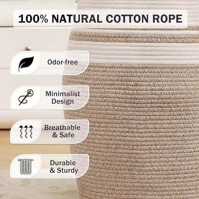 105L Extra Large Laundry Hamper Basket by Fiona's magic, Woven Tall Clothes Hamper for Storage Blanket, Toys and Dirty Cothes in Bedroom and Living Room Organizer, Brown & White