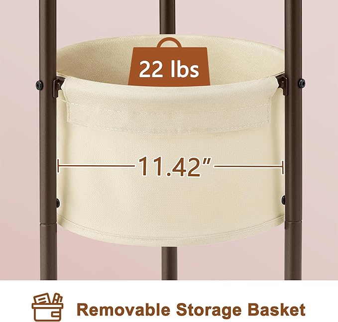 Hoctieon Coat Rack Freestanding, Round Coat Rack with 3 Wooden Shelves and 1 Fabric Basket, Metal Clothes Tree with 5 Hooks, Coat Hanger Stand for Clothes, Hats, Bags, Rustic Brown