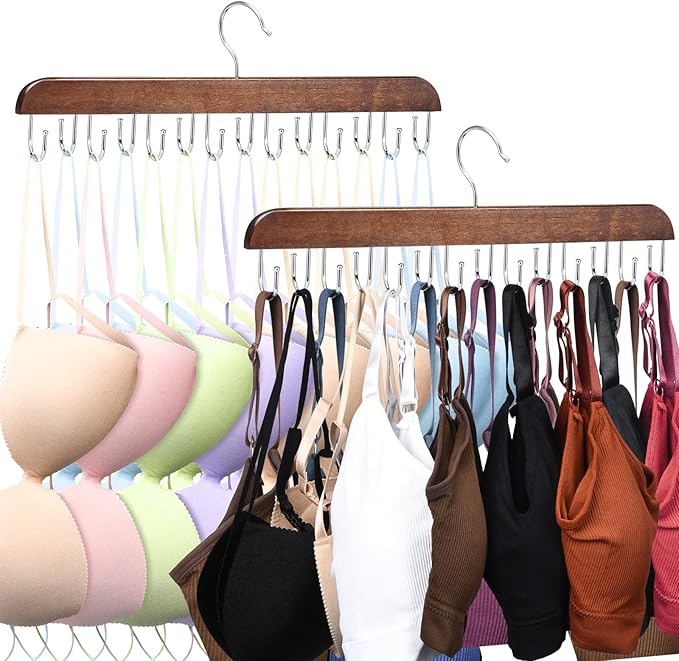 2 Pack Bra Hanger, Wooden Tank Top Hangers with 14 Foldable Hooks, Bra Hanger for Closet Organizer，Premium Wooden Space Saving Hangers Closet Organizers and Storage for Dorm & Apartment (Brown)