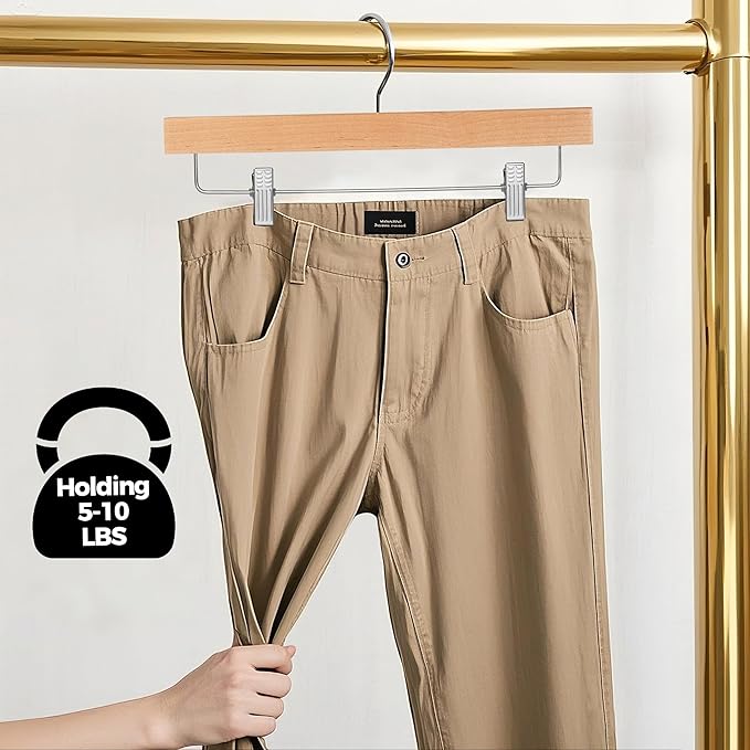 Quality Hangers Wooden Pants Hangers - 20-Pack Swivel Hook Cloth Hanger Set - Lotus Wood Skirt, Pant, Shorts and Slack Hangers with Adjustable Clip (Natural, 20)