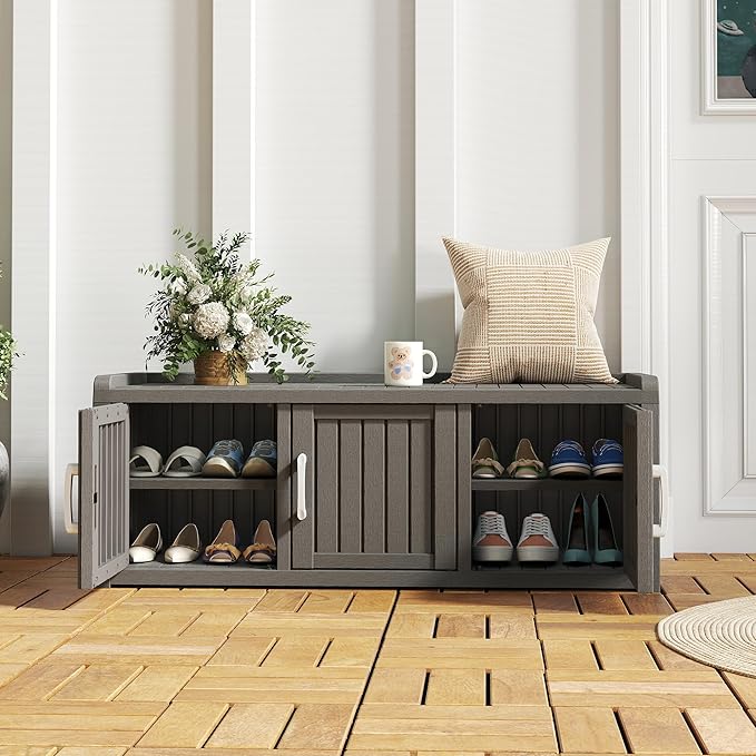 KAMABOKO Shoe Storage Cabinet Waterproof UV-Resistant, Entryway Storage Bench Indoor Outdoor with 3 Barn Doors, Adjustable Shelves for Entryway, Bedroom, Hallway,Living Room(Grey)