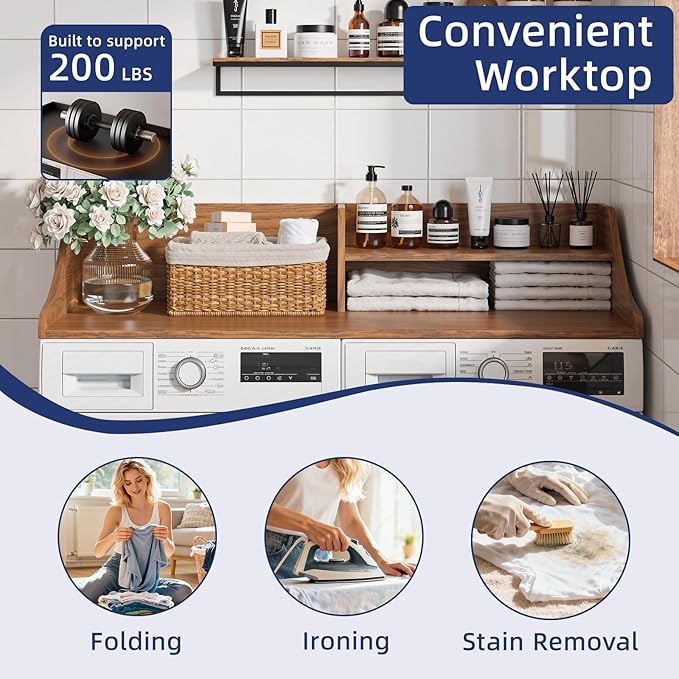 2 Tiers Washer Dryer Countertop, 54" Width x 27.5" Depth Laundry Countertop Organization, Wooden Washer and Dryer Topper for Folding, Sorting & Ironing, Easy to Install, Walnut