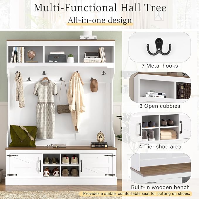 Farmhouse 71''H Hall Tree with Wooden Bench Seat, 5-in-1 Entryway Storage Organizer Cabinet with Bench and Shoe Storage, 4 Shoe Cubbies & 7 Hooks for Hallway, Entryway, Living Room