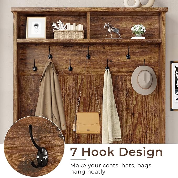Itaar Hall Tree with Bench and Shoe Storage, Entryway Bench with Coat Rack, Shoe Cabinet with Coat Hooks, Rustic Brown