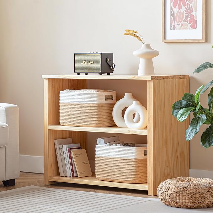 UBBCARE 2 Pack Storage Baskets for Organizing, Shelf Baskets with Handles, Woven Storage Baskets for Bookcase/Cube Shelf/Closet, 14.5"L x 9.8"W x 9"H, White&Brown