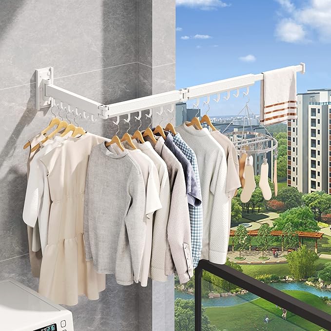 Wall Mounted Clothes Drying Rack, Collapsible Laundry Drying Rack, Retractable Foldable Drying Rack Clothing for Hanging Clothes,White-Hooks