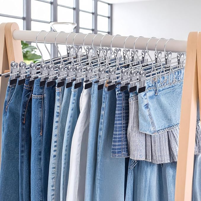 24PCS Pants Hangers with Clips, Heavy Duty Adjustable Space Saving Skirt Clips Stackable Non-Slip Metal Hanging Closet Organizer College Dorm Apartment Room Essentials for Shorts Jeans Trousers