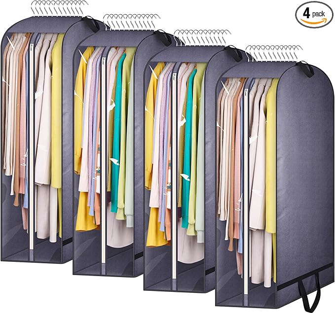 KIMBORA 10" Gusseted Clear Garment Bags for Hanging Clothes Storage, 43" Suit Bags for Closet Storage with Handles, Garment Covers for Coats, Jackets, Sweaters (4 Packs, Grey)
