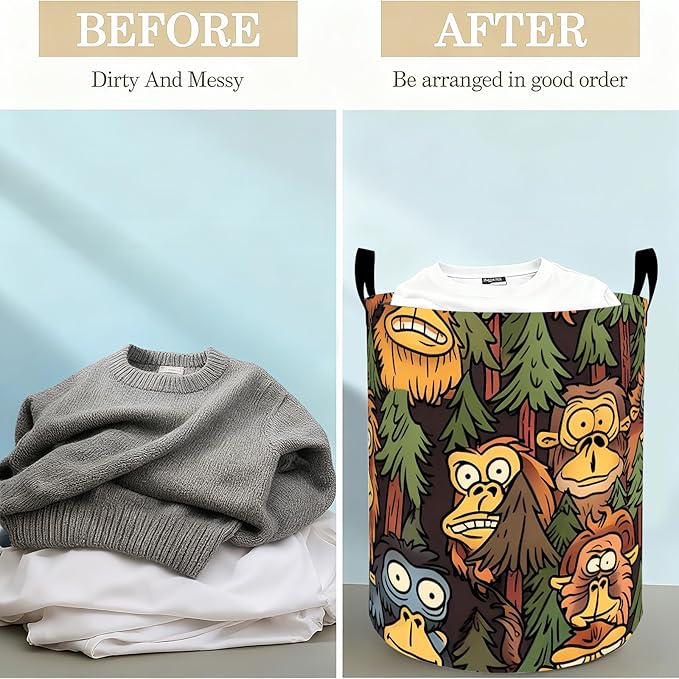 Funny Bigfoot Laundry Basket Hamper for Boys Girls Kids Adults, Foldable Waterproof Oxford Clothes Storage Bin, Cartoon Sasquatch Forest Organizer for Bedroom Bathroom Room Decor 19.7"x15.8"