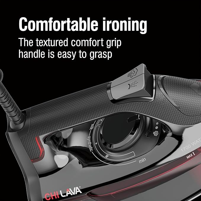 CHI Steam Iron for Clothes, 300+ Holes for Powerful Steaming, Temperature Dial, 1700 Watts, XL 10’ Cord, Auto Shutoff, Lava Infused Ceramic Soleplate, Black (13130)