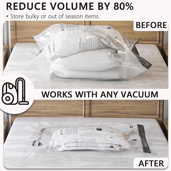 Vacuum Storage Bags, Compression Packing Space Saver Seal Bags for Clothing Bedding Comforters Blankets Pillows, 8 Small