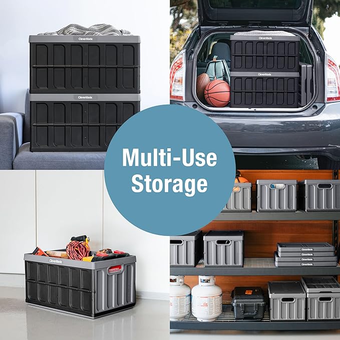 CleverMade Collapsible Storage Bins with Lids - Stone 1 Pack 62L - Plastic Container Stackable Organization Crate for Home - Closet Space-Saving Durable