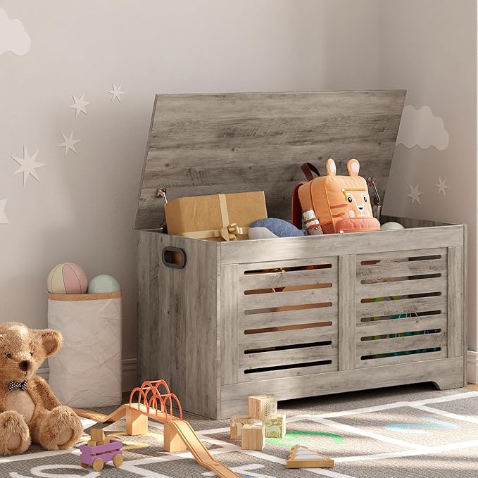 DINZI LVJ Storage Chest, Flip-Top Wooden Toy Box with 2 Safety Hinges, Retro Entryway Shoe Bench, Sturdy Large Storage Trunk for Living Room, Bedroom, Toddler Room, Easy Assembly, Gray Wash