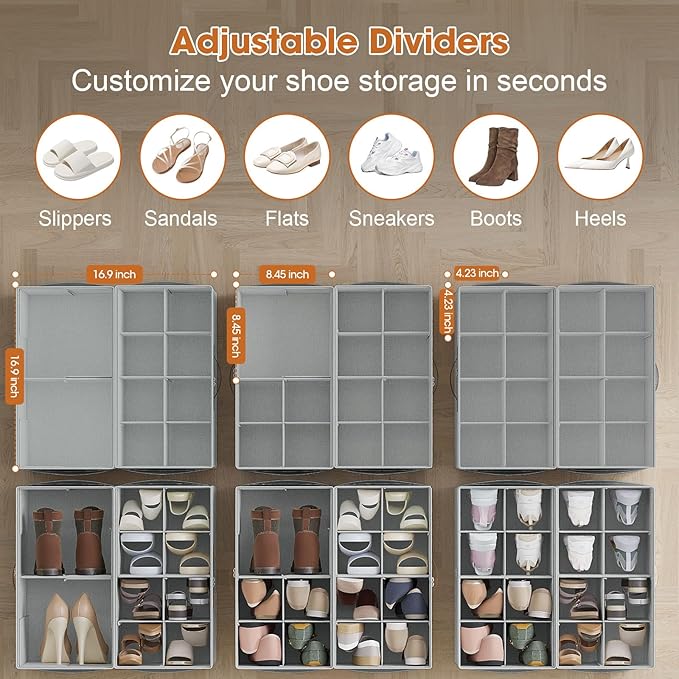 4 Pack Shoe Organizer for Closet,Foldable Shoe Storage Organizer with Adjustable Dividers, Shoe Storage Box with Clear Cover, Fits up to 16 Pairs, Gray