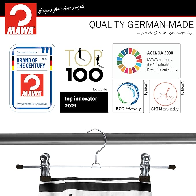 MAWA by Reston Lloyd Non-Slip-Space Saving Clothing Hanger for Pant/Skirts with Two Non-Slip Clips, Style K/30D, 12" Width, Set of 300, Black