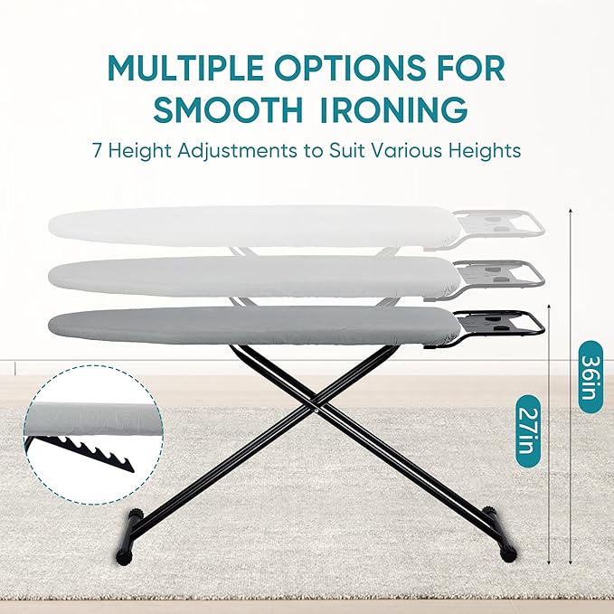 Ironing Board 13" X 43" W/Height Adjustable,Safety Iron Rest,Extra Heavy Cover,Heat & Scorch Resistant Fabric, Anti-Skid Feet,Easy to Fold