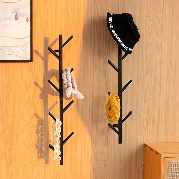 Modern Heavy Duty Coat Hanger Set of 2 - Wall Mount Hat Rack for Cowboy Hats, Baseball Caps & Jackets - Black Metal Coat Stand