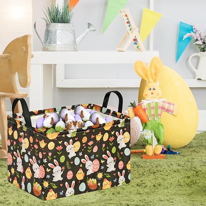 Easter Storage Basket Eggs Bunny Flower Gifts Cube Waterproof Storage Bins Organizer,Foldable Closet Shelf Baskets with handles for Women,Nursery Hamper Toys Box,Room Decorations