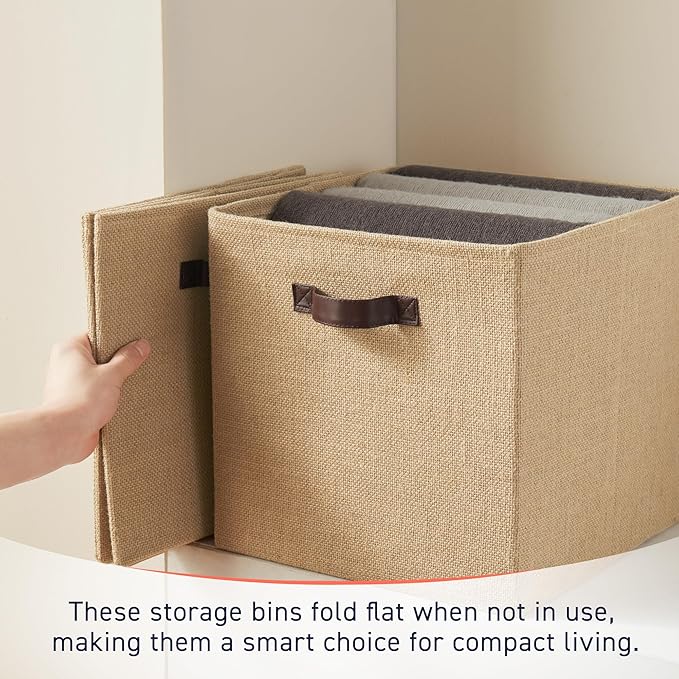 Ornavo Home 13 x 13 Storage Cube Bins, 6 Pack Jute Baskets, Fabric Storage Bins Shelf Basket Cube Organizer for Closet Foldable Collapsible with Leather Handles