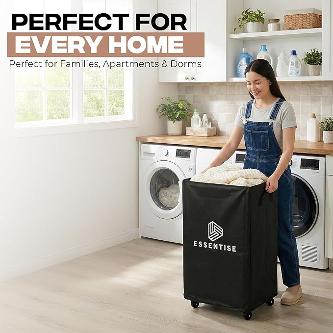 75L – Lockable Wheels Laundry Basket – Support Rods & Box Base – Tall Slim Laundry Hamper – Clothes Hamper – Rolling Cart on Wheels – Heavy Duty Black Laundry Basket – Bathroom, Bedroom & Dorm