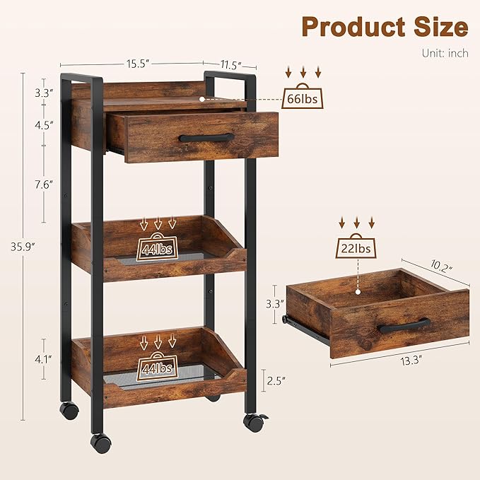 Hoctieon 3-Tier Rolling Storage Cart with Drawer, Rolling Utility Cart Organizer, Mobile Shelving Unit with Wheels, Metal Frame, Kitchen Utility Cart for Small Space, Office, Bathroom, Rustic Brown