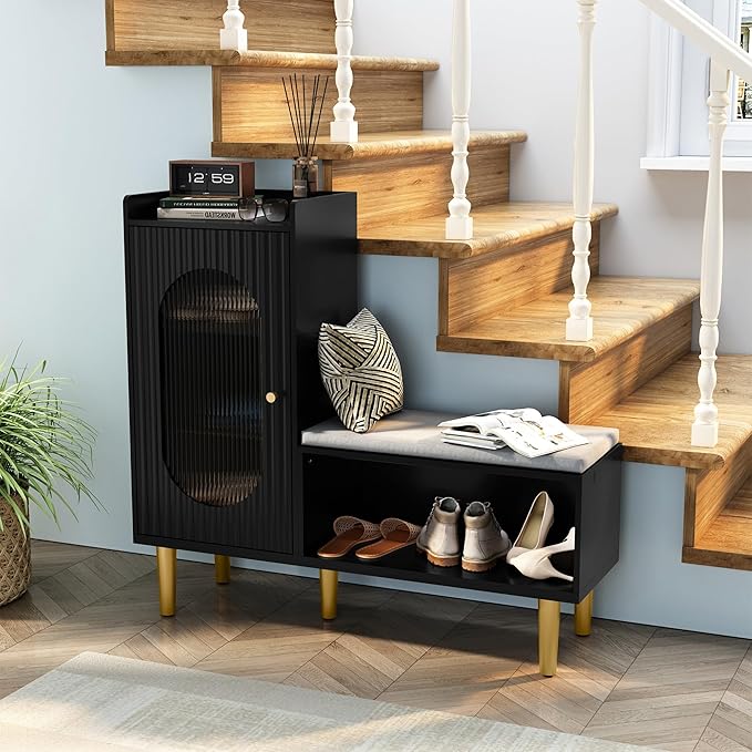 HLR Storage Bench Set of 2, Black Modern Entryway Shoe Cabinet Bench with Glass Door&Shelf, L-Shaped Storage Cabinet with Padded Seat for Hallway, Bedroom, Living Room, Office