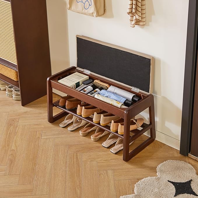 Shoe Rack Bench with Cushion, 2 Tiers Wood Shoe Bench with Flip-Top Storage, 31.5in Shoe Rack for Entryway, Hallway, Walnut Color YD-WD061B