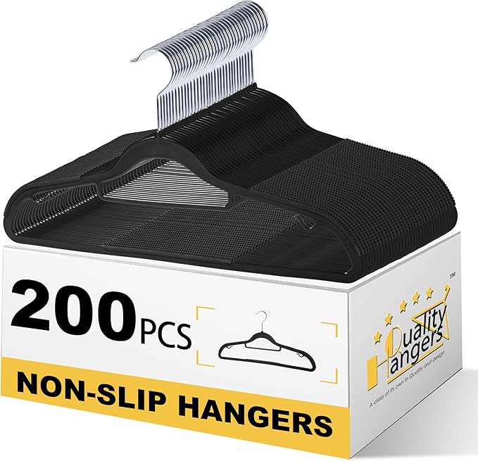 Quality Clothes Set 200 Pack - Non-Velvet Plastic for Clothes - Heavy Duty Coat Set - Space-Saving Closet with Black Swivel Hooks - Functional Non-Flocked