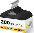 Quality Clothes Set 200 Pack - Non-Velvet Plastic for Clothes - Heavy Duty Coat Set - Space-Saving Closet with Black Swivel Hooks - Functional Non-Flocked